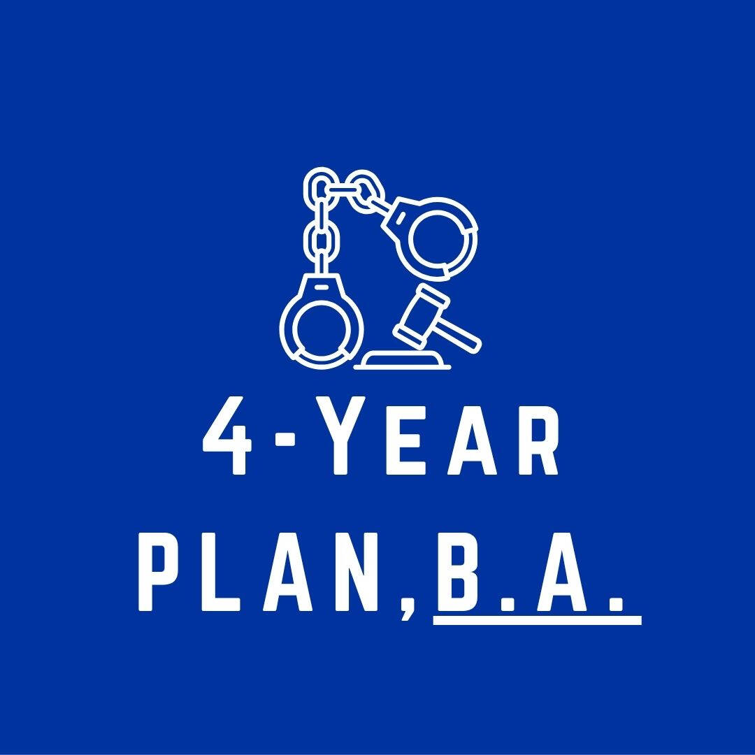 blue logo for criminal justice major, image is a drawing of handcuffs and a gavel above text that reads "4 year plan BA"